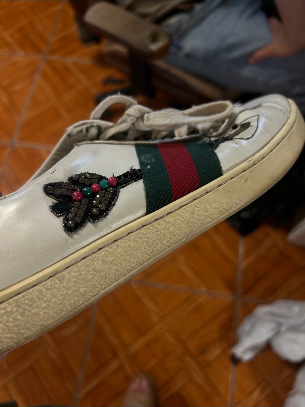 Gucci White Leather Bee Sneaker with Red & Green Stripe